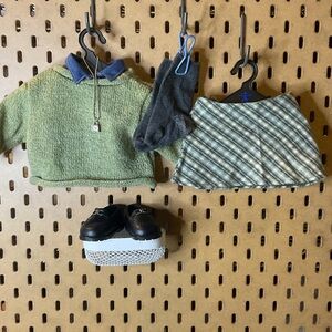 American girl doll outfit - Plaid Skirt and sweater set - necklace and loafers